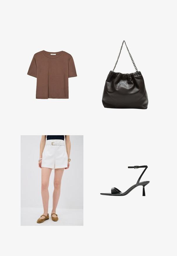 Kahvinsävyinen lyhythihainen t-paita, joka on valmistettu pehmeästä kankaasta. Pyöreä pääntie ja rento malli. Ei näkyviä kuvioita tai koristeita.; Valkoiset räätälöidyt shortsit vyöllä, jossa on kultainen solki, yhdistettynä ruskeisiin samettisiin tasapohjakenkiin. Sujuva pinta ja siistit linjat.; Bershka Korolliset sandaalit - black; Ruskea nahkainen laukku, jossa on kerätty yläosa ja ketjuhihna. Tasainen pinta, jossa kiiltävä viimeistely ja hienovaraiset sauman yksityiskohdat sivuilla.