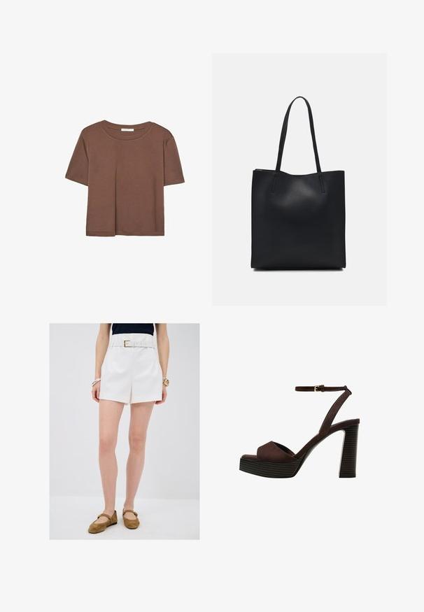 Braunes, kurzärmliges T-Shirt aus weichem Material mit rundem Halsausschnitt und lockerer Passform. Keine sichtbaren Muster oder Akzente.; Weiße maßgeschneiderte Shorts mit einem Gürtel, der eine goldene Schnalle hat, kombiniert mit flachen Schuhen aus braunem Wildleder. Glatte Textur und klare Linien.; Braune Wildleder-Pumps mit offenem Zeh, verstellbarem Knöchelriemen und gestreiftem Plateausohlen.; Schwarze Laptoptasche aus Leder mit glatter Textur, rechteckiger Form und zwei langen Griffen. Keine sichtbaren Beschläge oder Verzierungen.