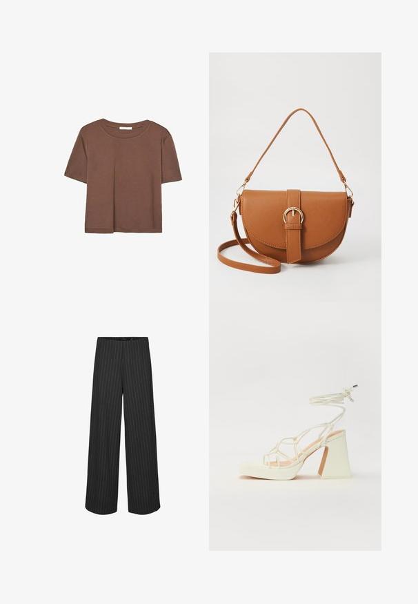 T-shirt marron à manches courtes en tissu doux, avec un col rond et une coupe décontractée. Aucun motif ni accent visible.; Pantalons larges noirs à rayures verticales blanches, présentant une coupe ajustée et une texture lisse. Pas de poches ni de matériel visible.; Sandale blanche à talons hauts avec un talon épais, présentant un design à lanières et un lien autour de la cheville. Texture lisse avec une plateforme à l'avant pour une hauteur supplémentaire.; Sac bandoulière en cuir marron avec une forme incurvée, quincaillerie dorée et un accent en boucle. Comprend une bandoulière détachable.