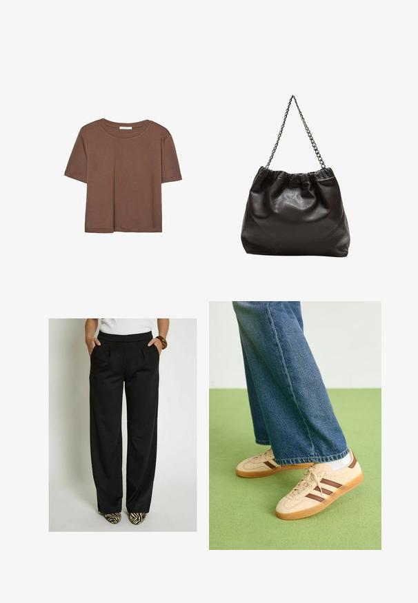 Rjava kratka majica s kratkimi rokavi iz mehkega materiala, s krožnim izrezom in ohlapnim krojem. Brez vidnih vzorcev ali dodatkov.; Desires Hlače - black; Bež teniske z teksturiranimi kremnimi paneli in rjavimi črtami, v kombinaciji z modrimi kavbojkami. Kavbojke imajo široke hlačnice in raztrgan rob.; Rjava usnjena torba z nabranim vrhom in verižnim trakom. Gladka tekstura z sijajno površino in subtilnimi šivi na straneh.