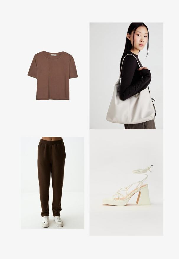 Braunes, kurzärmliges T-Shirt aus weichem Material mit rundem Halsausschnitt und lockerer Passform. Keine sichtbaren Muster oder Akzente.; Braune Fleece-Jogginghosen mit elastischem Bund und Seitentaschen, mit einer weichen Textur und einer lässigen Passform, kombiniert mit weißen Sneakers.; Weiße High-Heel-Sandale mit einem klobigen Absatz, die über ein Riemchendesign und ein Knöchelband verfügt. Glatte Textur mit einer Plattform vorne für zusätzliche Höhe.; Beige Handtasche aus weichem Material, mit einem lässigen Design, gesteppten Details und zwei Schulterriemen. Geeignet für den täglichen Gebrauch.