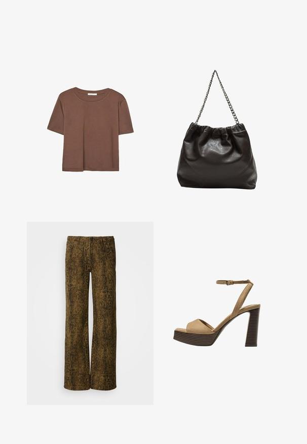 Smeđi kratki rukav majica od mekog materijala, s okruglim izrezom i opuštenim krojem. Nema vidljivih uzoraka ili naglasaka.; Smeđi široki hlače s teksturiranim uzorkom zmijske kože u crnoj boji. Imaju kopčanje na dugme i tradicionalni dizajn s pet džepova.; Beige suedirane sandale s visokim potpeticama, širokom prednjom trakom i trakicom oko gležnja, s debelom drvenom blok-potpeticom s teksturiranim završetkom.; Smeđa kožna torba s naboranim vrhom i lančićem za nošenje. Glatka tekstura s sjajnim završetkom i suptilnim šavnim detaljima sa strane.