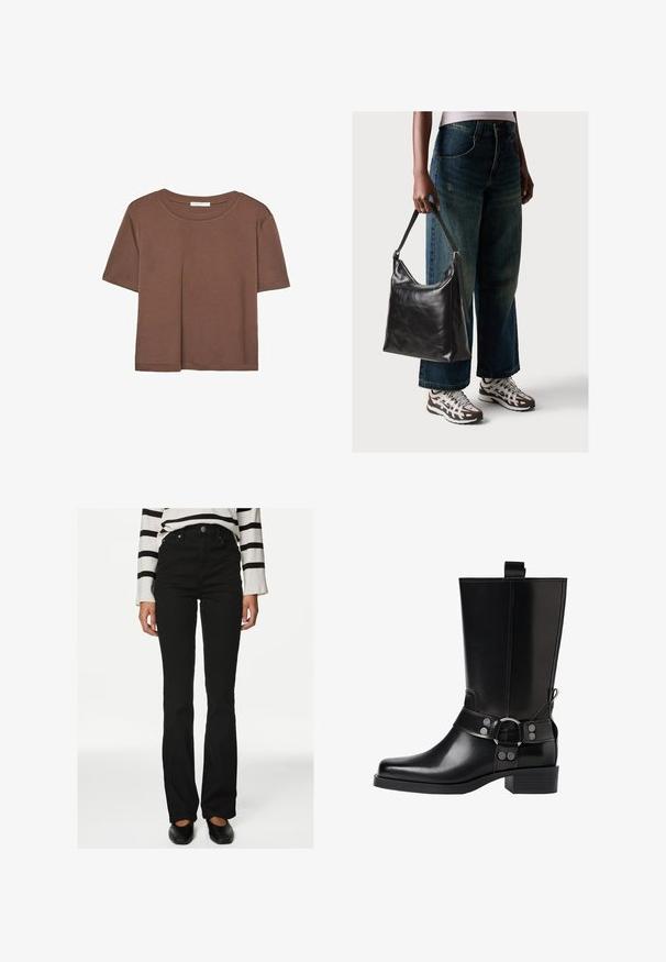 Hnedé tričko s krátkym rukávom vyrobené z jemného materiálu, s okrúhlym výstrihom a voľným strihom. Žiadne viditeľné vzory ani akcenty.; Čierne rozšírené džínsy s vysokým pásom, obsahujúce päť vreciek a predné zapínanie na gombík, vyrobené z denimu s hladkou textúrou.; Čierne kožené čižmy po kolená s špicatou špičkou, striebornými prackami a robustným podpätkom. Obsahujú pútko pre jednoduché obúvanie.; Čierna kožená taška cez rameno s hladkou textúrou a nastaviteľným popruhom, skombinovaná s vyblednutými širokými džínsy a športovými teniskami.