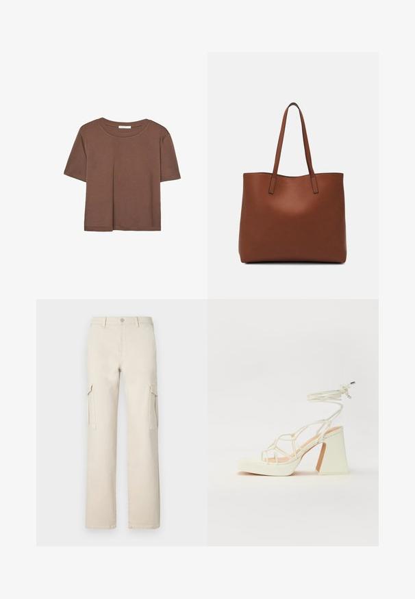 Hnědé tričko s krátkým rukávem vyrobené z měkké látky, s kulatým výstřihem a volným střihem. Bez viditelných vzorů nebo dekorací.; Béžové široké cargo kalhoty vyrobené z bavlny, se dvěma bočními kapsami a zapínáním na knoflík. Vyznačují se čistým designem a rovnou siluetou.; Bílé sandály na vysokém podpatku s robustním podpatkem, s designem s pásky a zavazováním kolem kotníku. Hladký povrch s platformou vpředu pro zvýšení výšky.; Hnědá kožená taška přes rameno s hladkou texturou, otevřeným designem a dvěma ramenními popruhy. Obsahuje minimální švy a žádné viditelné kovové prvky.