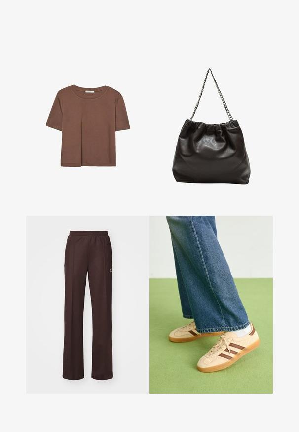 Hnědé tričko s krátkým rukávem vyrobené z měkké látky, s kulatým výstřihem a volným střihem. Bez viditelných vzorů nebo dekorací.; Hnědé sportovní kalhoty s elastickým pasem, dvěma postranními kapsami a malým logem na levé straně, vyrobené z měkké tkaniny.; Beige tenisky s texturovanými krémovými panely a hnědými pruhy, kombinované s modrými džínovými kalhotami. Džínsy mají široké nohavice a roztrhaný lem.; Hnědá kožená taška se sbíraným vrškem a řetízkovým popruhem. Hladký povrch s lesklým finišem a jemným švem na bocích.
