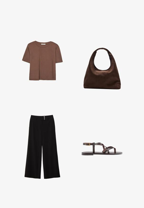 Smeđi kratki rukav majica od mekog materijala, s okruglim izrezom i opuštenim krojem. Nema vidljivih uzoraka ili naglasaka.; Crne široke hlače s ravnim pojasom, s dva dugmeta kao ukras sprijeda i bočnim džepovima za funkcionalnost. Glatka tekstura.; Smeđe kožne sandale s iskrižanim trakama, umetkom za zapešće s kopčanjem i ravnim potplatom s minimalnim detaljima šivanja.; Meka mekana smeđa torba hobo stila s jednim širokim remenom i zakrivljenim otvaranjem na vrhu, prikazana na bijeloj pozadini.