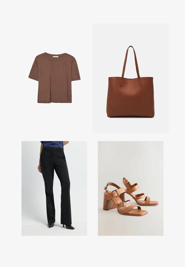 Kahvinsävyinen lyhythihainen t-paita, joka on valmistettu pehmeästä kankaasta. Pyöreä pääntie ja rento malli. Ei näkyviä kuvioita tai koristeita.; Musta räätälöity housut suoran lahkeen muotoilulla, joka on valmistettu sileästä kankaasta, ja joissa on sivutaskut sekä keskikorkea vyötärö.; Ruske kožne sandale na visoku petu s višestrukim trakama, zlatnim detaljima i kutnim blok petom. Glatka tekstura, otvoreni vrh.; Ruskea nahkainen olkalaukku, jossa on sileä pinta, avoin yläosa ja kaksi olkahihnaa. Omaavat vain minimaalisen ompelun eikä näkyvää metalliosaa.