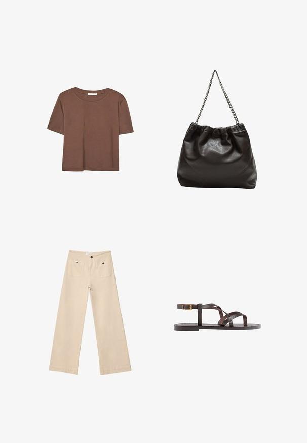 Brun kortærmet t-shirt lavet af blødt stof, med rund halsudskæring og afslappet pasform. Ingen synlige mønstre eller detaljer.; Beige breddebenede bukser i blød bomuld med to frontlommer med sølvfarvet hardware, lige snit og pænt afsluttede kanter.; Brune lædersandal med krydsende stropper, ankelspænde og en flad sål med minimale syninger.; Brun lædertaske med en rynket top og en kædestrop. Glat tekstur med en blank finish og subtile sømdetaljer på siderne.