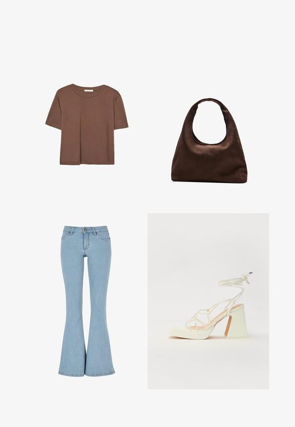 Hnědé tričko s krátkým rukávem vyrobené z měkké látky, s kulatým výstřihem a volným střihem. Bez viditelných vzorů nebo dekorací.; Světle modré riflové zvonové džíny s vysokým pasem, pěti kapsami a knoflíkovým uzávěrem. Mají hladkou texturu a čistý lem.; Bílé sandály na vysokém podpatku s robustním podpatkem, s designem s pásky a zavazováním kolem kotníku. Hladký povrch s platformou vpředu pro zvýšení výšky.; Měkká hnědá kabelka ve stylu hobo s jedním širokým popruhem a zakřiveným horním otvorem, vystavená na bílém pozadí.