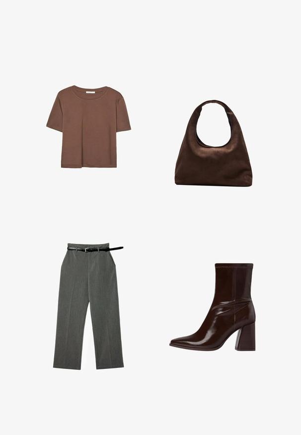 Brązowa koszulka z krótkim rękawem, wykonana z miękkiego materiału, z okrągłym dekoltem i luźnym krojem. Brak widocznych wzorów lub akcentów.; Szare, plecione spodnie o prostym kroju nogawki, z dopasowanym paskiem i subtelnym wzorem pionowych pasków w całej powierzchni.; Brązowy lakierowany botek sięgający kostki z wydłużonym noskiem, elastycznym ankletem oraz grubym, blokowym obcasem. Elegancki design z gładką fakturą.; Miękka, brązowa torebka w stylu hobo z jedną szeroką rączką i wyprofilowanym otwarciem, wyeksponowana na białym tle.