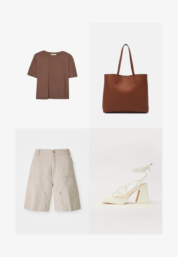 Brun kortärmad t-shirt i mjukt tyg, med rund halsringning och avslappnad passform. Inga synliga mönster eller detaljer.; Beige linnebyxor med en avslappnad passform, som har två framfickor och runda metalldetaljer. Avslappnad design med en strukturerad yta.; Vit högklackad sandal med en kraftig klack, med ett remdesign och ankelband. Slät textur med en plattform framtill för ökad höjd.; Brun läder tote-väska med en slät textur, öppen toppdesign och två axelremmar. Har minimal söm och ingen synlig metalldetalj.