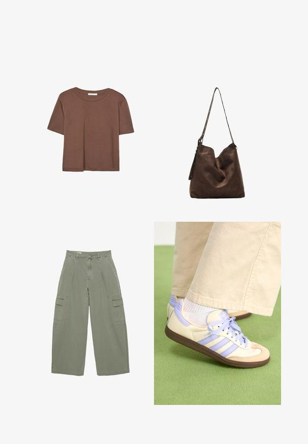 Brązowa koszulka z krótkim rękawem, wykonana z miękkiego materiału, z okrągłym dekoltem i luźnym krojem. Brak widocznych wzorów lub akcentów.; Oliwkowe spodnie cargo o szerokich nogawkach, z dwoma bocznymi kieszeniami i zapięciem na guziki. Wykonane z trwałej bawełny.; Kremowe i lawendowe trampki z trzema paskami oraz teksturowaną brązową podeszwą, wyposażone w sznurówki i wyścieloną piętę. Górna część z miękkiego materiału.; Brązowa zamszowa torba hobo z zaokrąglonym przodem, długim paskiem z akcentami w postaci kropek oraz miękką fakturą. Charakteryzuje się luźnym designem, idealnym do codziennego użytku.