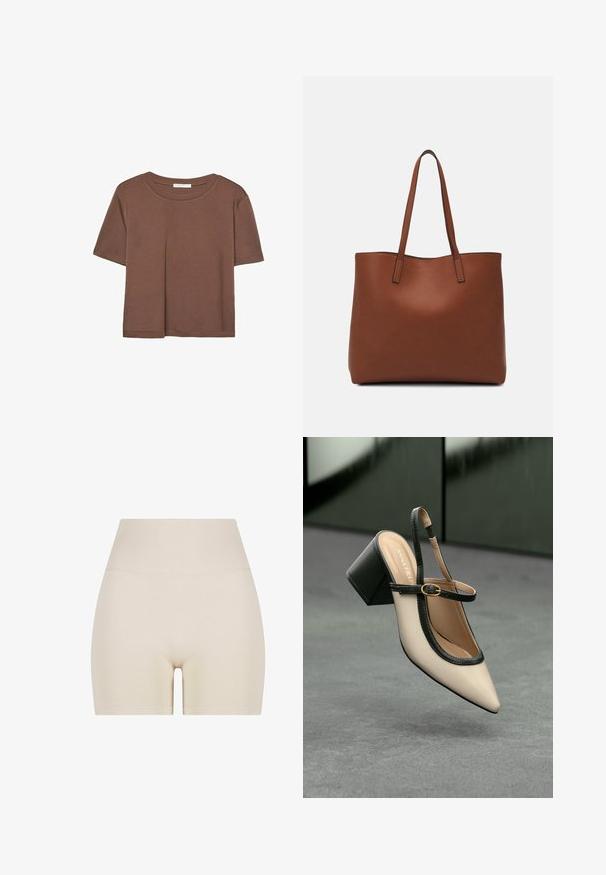 Hnědé tričko s krátkým rukávem vyrobené z měkké látky, s kulatým výstřihem a volným střihem. Bez viditelných vzorů nebo dekorací.; Béžové šortky s hladkou texturou, vysokým ribbovaným pasem a elastickým střihem, s délkou do poloviny stehna a bez viditelných vzorů.; Beige boty s špičatou špičkou a otevřenou patou, černými detaily, zlatou přezkou a silným blokovým podpatkem, na šedé podlaze s tmavě zeleným pozadím.; Hnědá kožená taška přes rameno s hladkou texturou, otevřeným designem a dvěma ramenními popruhy. Obsahuje minimální švy a žádné viditelné kovové prvky.