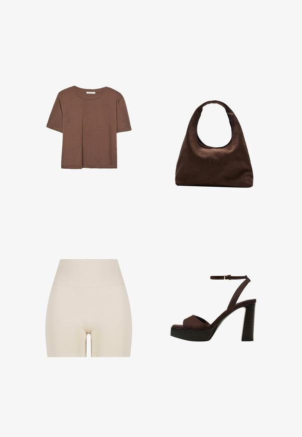 Brun kortärmad t-shirt i mjukt tyg, med rund halsringning och avslappnad passform. Inga synliga mönster eller detaljer.; Beige shorts med en jämn textur, hög ribbad midja och elastisk passform, med medellång längd vid låren och utan synliga mönster.; Bruna mocka högklackade sandaler med öppen tå, justerbar vristrem och en randig plattformssula.; Mjuk brun hobo-väskastil med ett brett axelband och en rundad öppning upptill, visad på en vit bakgrund.