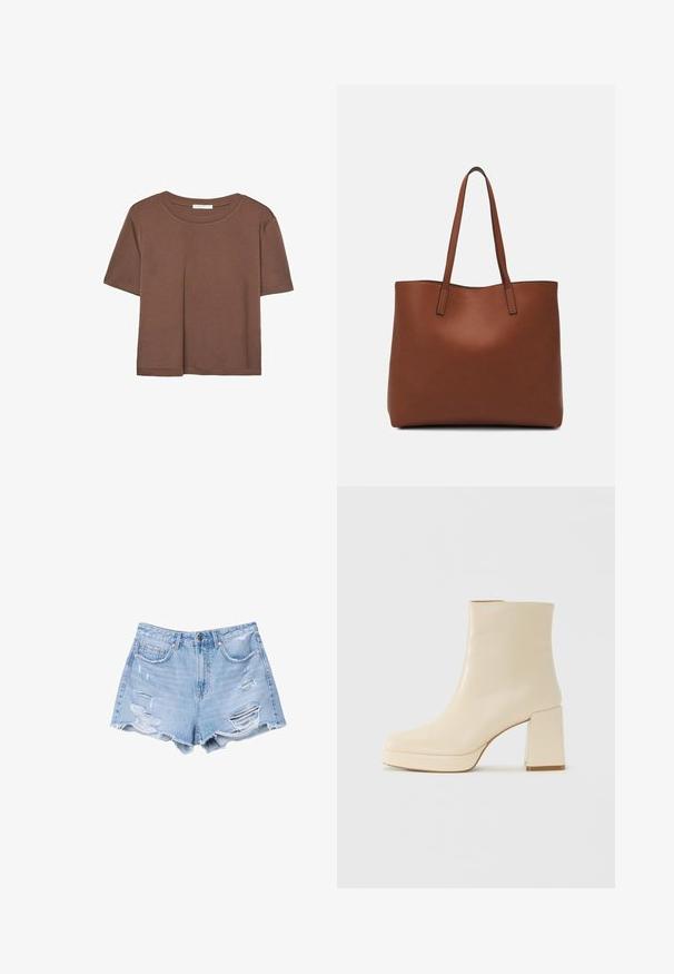 Rjava kratka majica s kratkimi rokavi iz mehkega materiala, s krožnim izrezom in ohlapnim krojem. Brez vidnih vzorcev ali dodatkov.; Svijetloplave traper kratke hlače s rasparanim rubovima i izlizanim detaljima, s prednjim džepovima i kopčanjem na dugme.; Bež usnjena gležnjarica z blok peto in platformo, gladka površina in rahlo kvadratni prst, obrnjena levo na belem ozadju.; Rjava usnjena torba z gladko teksturo, odprto zasnovo zgoraj in dvema naramnima trakovoma. Opremljena je z minimalnim šivanjem in brez vidnih kovinskih delov.