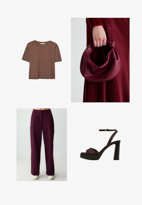 Maglietta a maniche corte marrone realizzata in tessuto morbido, con scollatura rotonda e vestibilità rilassata. Nessun motivo o dettaglio visibile.; Pantaloni a gamba larga color bordeaux con una texture liscia, caratterizzati da una piega frontale e tasche laterali, abbinati a sneaker bianche.; Sandal in camoscio marrone con tacco alto, punta aperta, cinturino alla caviglia regolabile e suola a piattaforma striata.; Borsa in pelle bordeaux con un design morbido e arricciato e una forma arrotondata. Il manico è fissato, mostrando una texture liscia.