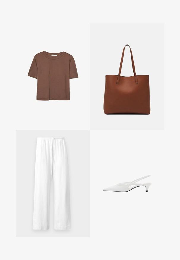 Smeđi kratki rukav majica od mekog materijala, s okruglim izrezom i opuštenim krojem. Nema vidljivih uzoraka ili naglasaka.; Bijele lanene hlače opuštenog kroja, s elastikom u struku i vezicom, te ravnim nogavicama s urednim rubom.; Bijela slingback potpetica s oštrom punta, koja ima glatki gornji dio, suptilne izreze i nisku blok potpeticu. Crna potplata naglašava dizajn.; Smeđa kožna torba preko ramena s glatkom teksturom, otvorenim vrhom i dvjema naramenicama. Ima minimalne šavove i nema vidljivog hardvera.