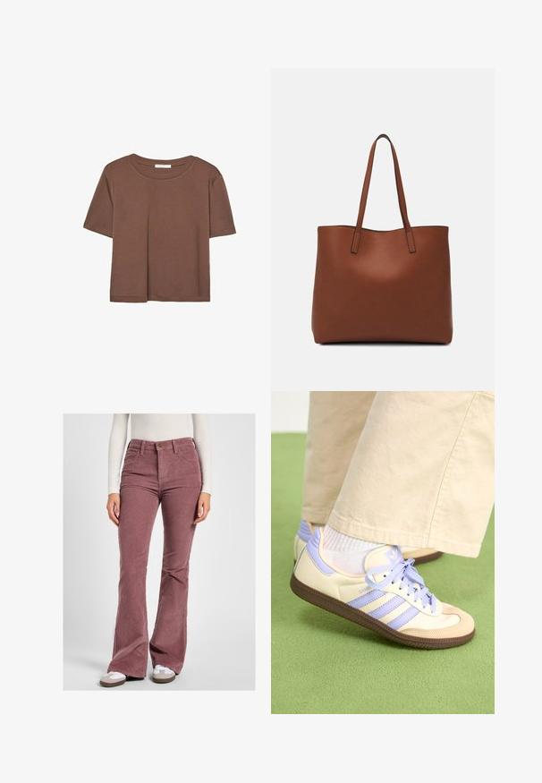 Brązowa koszulka z krótkim rękawem, wykonana z miękkiego materiału, z okrągłym dekoltem i luźnym krojem. Brak widocznych wzorów lub akcentów.; Spodnie dzwony z korduroy w stonowanym różowym kolorze, z wysokim stanem, teksturowanym prążkowaniem i pięcioma kieszeniami z mosiężnymi elementami.; Kremowe i lawendowe trampki z trzema paskami oraz teksturowaną brązową podeszwą, wyposażone w sznurówki i wyścieloną piętę. Górna część z miękkiego materiału.; Brązowa skórzana torba tote o gładkiej fakturze, z otwartym wierzchem i dwoma ramiączkami. Charakteryzuje się minimalnym przeszyciem i brakiem widocznych elementów metalowych.