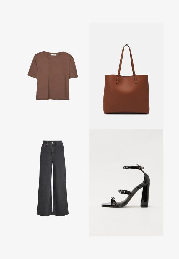 Rjava kratka majica s kratkimi rokavi iz mehkega materiala, s krožnim izrezom in ohlapnim krojem. Brez vidnih vzorcev ali dodatkov.; Visoko pasovane črne široke hlače iz džinsa z gumbom in zadrgo spredaj, petimi žepi in surovim robom.; Črne lakirane sandale s peto, kvadratnim prstom, trakovi okrog gležnja in srebrnimi zaponkami. Opremljene so s stabilno Debelo peto.; Rjava usnjena torba z gladko teksturo, odprto zasnovo zgoraj in dvema naramnima trakovoma. Opremljena je z minimalnim šivanjem in brez vidnih kovinskih delov.