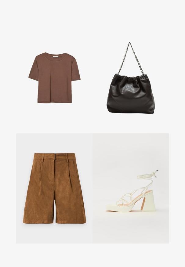 Rjava kratka majica s kratkimi rokavi iz mehkega materiala, s krožnim izrezom in ohlapnim krojem. Brez vidnih vzorcev ali dodatkov.; Brahkasti velur kratke hlače z gladko teksturo, ki imajo sprednje nabore, ravno pas in raven kroj.; Bela sandala na visokih petah s debelim petam, ki ima obliko trakcev in vezanje okoli gležnja. Gladka tekstura z platformo spredaj za dodatno višino.; Rjava usnjena torba z nabranim vrhom in verižnim trakom. Gladka tekstura z sijajno površino in subtilnimi šivi na straneh.