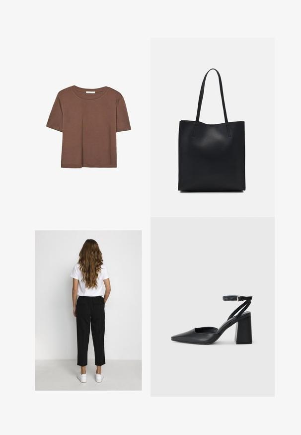 Rjava kratka majica s kratkimi rokavi iz mehkega materiala, s krožnim izrezom in ohlapnim krojem. Brez vidnih vzorcev ali dodatkov.; Ženska z dolgimi valovitimi lasmi, oblečena v belo majico, črne kratke hlače in bele superge, stoji obrnjena proti enostavni beli steni.; Črne usnjene klasične čevlje z ostrim nosom, z zaponko za gleženj in debelim peto. Ravna tekstura, eleganten dizajn in minimalistična estetika.; Črna usnjena torba s svilnato teksturo, pravokotne oblike in dvema dolgima ročajema. Brez vidnih metalnih delov ali okrasnih elementov.