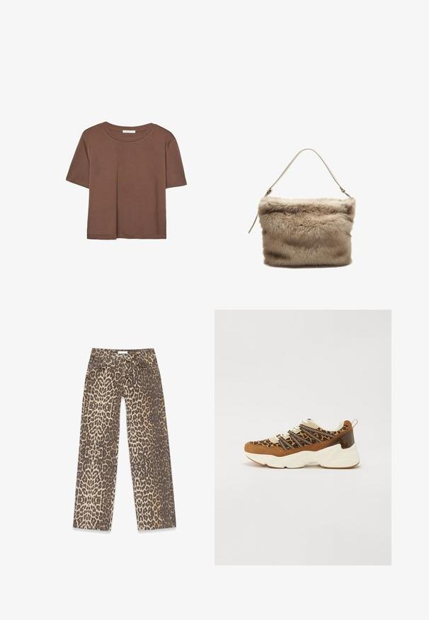 Maglietta a maniche corte marrone realizzata in tessuto morbido, con scollatura rotonda e vestibilità rilassata. Nessun motivo o dettaglio visibile.; Jeans in denim con stampa leopardata, caratterizzati da una palette di colori neutri beige e marrone, design a gamba dritta e dettagli tradizionali delle tasche.; Sneaker in suede e sintetico con una tomaia a stampa leopardata, lacci crema e una suola bianca chunky con un accento in marrone lucido sul tallone.; Borsa in pelliccia sintetica di un beige chiaro con una superficie morbida e testurizzata. Presenta una sola tracolla sottile e una forma rettangolare con un bordo superiore voluttuoso.