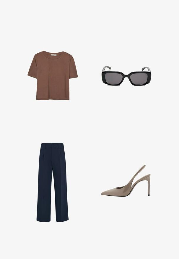 Brązowa koszulka z krótkim rękawem, wykonana z miękkiego materiału, z okrągłym dekoltem i luźnym krojem. Brak widocznych wzorów lub akcentów.; Granatowe spodnie w stylu wide-leg wykonane z gładkiego materiału. Posiadają wysoki stan z szlufkami na pasek oraz przednie plisowania dla lepszego dopasowania.; Beżowe lakierowane szpilki typu slingback z ostro zakończonym noskiem i eleganckim designem, z cienką wysoką szpilką oraz wycięciem z boku.; Czarne prostokątne okulary przeciwsłoneczne z ciemnymi soczewkami, gładką plastikową ramką i wygiętymi zausznikami. Projekt jest masywny, o minimalistycznej estetyce.