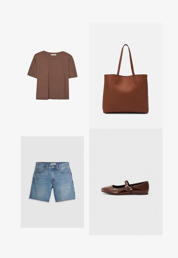 Smeđi kratki rukav majica od mekog materijala, s okruglim izrezom i opuštenim krojem. Nema vidljivih uzoraka ili naglasaka.; Svijetloplave traper šortseve, s ravnim krojem, pet džepova i kopčanjem na dugme. Izrađene su od pamuka s glatkom teksturom.; Smeđe lakirane balerinke s kvadratnim vrhom i trakicom koja sadrži mali zlatni kopču. Glatka tekstura, niska potpetica i minimalistički dizajn.; Smeđa kožna torba preko ramena s glatkom teksturom, otvorenim vrhom i dvjema naramenicama. Ima minimalne šavove i nema vidljivog hardvera.