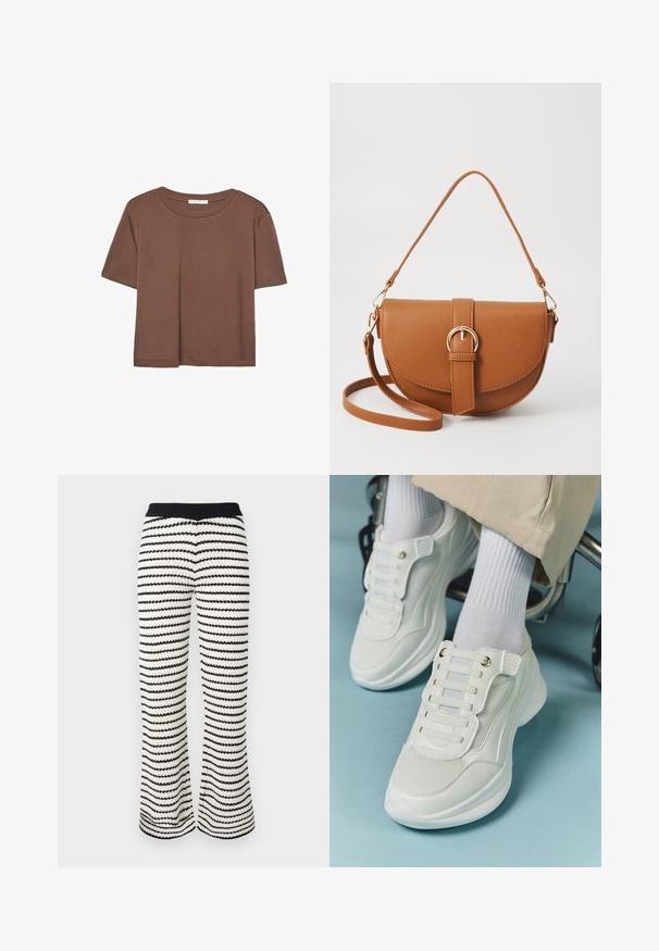 Braunes, kurzärmliges T-Shirt aus weichem Material mit rundem Halsausschnitt und lockerer Passform. Keine sichtbaren Muster oder Akzente.; Gestrickte weit geschnittene Hosen in schwarz-weißen Streifen. Mit einem gerippten Taillenbund und einem strukturierten Stoff mit einem wellenförmigen Muster über die gesamte Länge.; Weiße Sneaker aus Mesh-Material, mit Gummisohle, schnürfreiem Design mit elastischen Bändern und goldfarbenen Akzenten.; Braune Leder-Crossbody-Tasche mit geschwungener Form, goldfarbenen Beschlägen und einer Schnallenakzentuierung. Verfügt über einen abnehmbaren Schultergurt.
