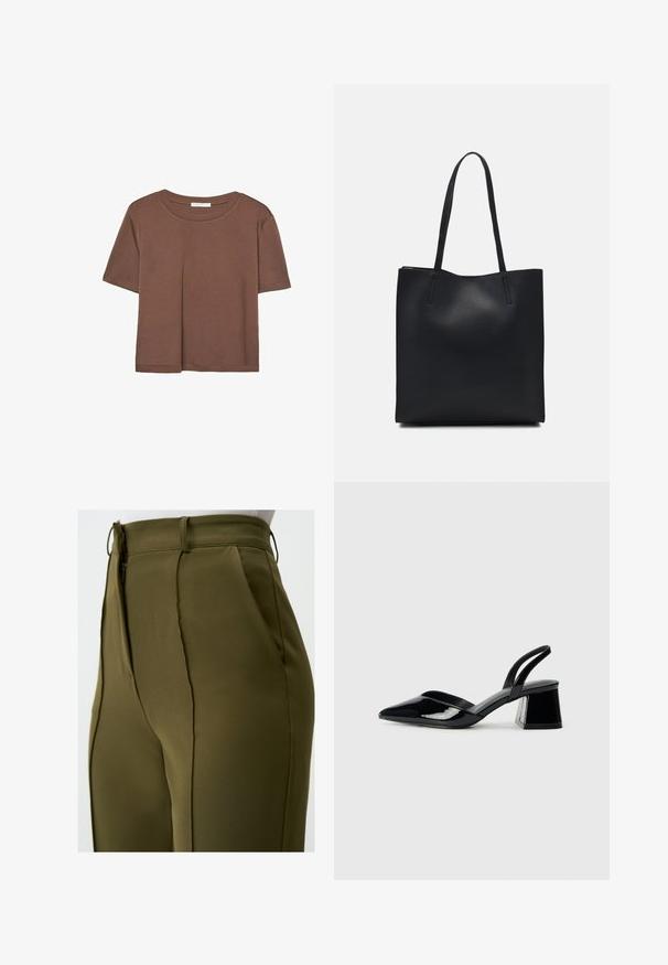 Brown short-sleeve t-shirt made of soft fabric, with a round neckline and relaxed fit. No visible patterns or accents.; Olive green tailored trousers with a smooth texture, vertical seams, side pockets, and a zip closure at the waist.; Black patent leather slingback heels with a pointed toe and a geometric block heel. Features a sleek, minimal design and smooth texture.; Black leather tote bag with smooth texture, rectangular shape, and two long handles. No visible hardware or embellishments.