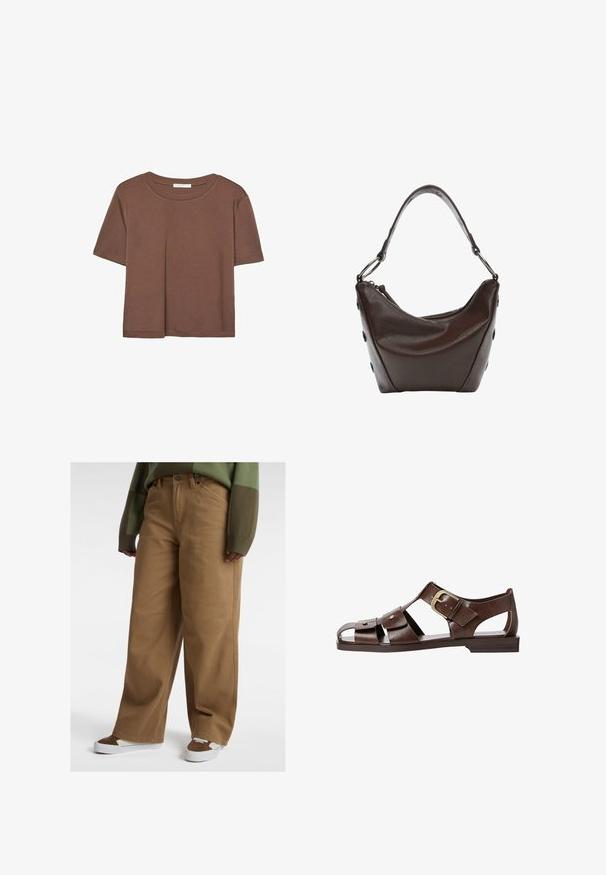 Maglietta a maniche corte marrone realizzata in tessuto morbido, con scollatura rotonda e vestibilità rilassata. Nessun motivo o dettaglio visibile.; Pantaloni larghi marroni realizzati in tessuto resistente, con vita alta, grandi tasche e fit rilassato, abbinati a sneakers marroni e bianche.; Sandal in pelle marrone con un design a intaglio, cinturino laterale regolabile e suola piatta, con dettagli metallici e punta aperta.; Borsa in pelle marrone scuro con forma curvata, chiusura con zip e manico corto. Caratterizzata da hardware in metallo e bottoni neri decorativi sul lato.