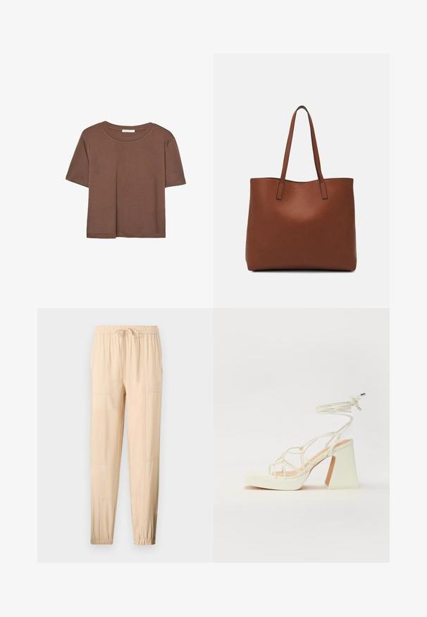 Smeđi kratki rukav majica od mekog materijala, s okruglim izrezom i opuštenim krojem. Nema vidljivih uzoraka ili naglasaka.; Bež hlače laganog materijala s elastičnim pojasom, podesivom špagom, suženim krojem i bočnim džepovima; glatka tekstura i minimalni šavovi.; Bijela sandala na visokoj potpetici s debelim petom, s remenom i vezanjem oko gležnja. Glatka tekstura s platformom sprijeda za dodatnu visinu.; Smeđa kožna torba preko ramena s glatkom teksturom, otvorenim vrhom i dvjema naramenicama. Ima minimalne šavove i nema vidljivog hardvera.