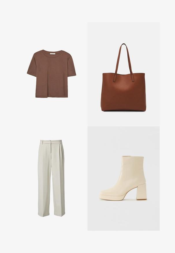 Braunes, kurzärmliges T-Shirt aus weichem Material mit rundem Halsausschnitt und lockerer Passform. Keine sichtbaren Muster oder Akzente.; Beige Wide-Leg-Hosen mit einer glatten Textur, ausgestattet mit einem gefalteten Vorderteil, Gürtelschlaufen und zwei Seitentaschen. Hergestellt aus leichtem Stoff.; Beige Leder-Stiefelette mit Blockabsatz und Plateau-Sohle, glatte Oberfläche und leicht quadratische Zehenpartie, nach links auf weißem Hintergrund.; Braune Leder-Tote mit glatter Textur, offenem Oberteil und zwei Schulterriemen. Verfügt über minimale Nähte und keine sichtbaren Beschläge.