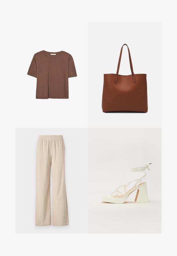 Rjava kratka majica s kratkimi rokavi iz mehkega materiala, s krožnim izrezom in ohlapnim krojem. Brez vidnih vzorcev ali dodatkov.; Beige kordurojske široke hlače iz ribane tkanine z elastiko v pasu in navpično rebrasto teksturo, ki ima spodnji del, ki se nežno širi.; Bela sandala na visokih petah s debelim petam, ki ima obliko trakcev in vezanje okoli gležnja. Gladka tekstura z platformo spredaj za dodatno višino.; Rjava usnjena torba z gladko teksturo, odprto zasnovo zgoraj in dvema naramnima trakovoma. Opremljena je z minimalnim šivanjem in brez vidnih kovinskih delov.
