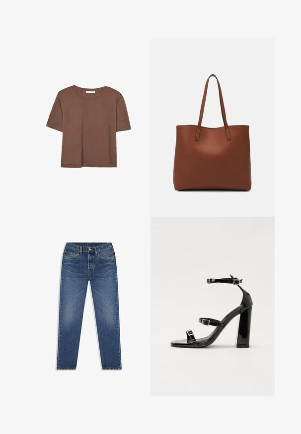 Smeđi kratki rukav majica od mekog materijala, s okruglim izrezom i opuštenim krojem. Nema vidljivih uzoraka ili naglasaka.; Plave traperice ravnog kroja, s dugmetom i patentnim zatvaračem, pet džepova i suptilnim izblješnjem. ; Crne lakirane sandale na visoku petu s dva remena s kopčama, kvadratnim vrhom i masivnom blok petom, s glatkom, sjajnom teksturom.; Smeđa kožna torba preko ramena s glatkom teksturom, otvorenim vrhom i dvjema naramenicama. Ima minimalne šavove i nema vidljivog hardvera.