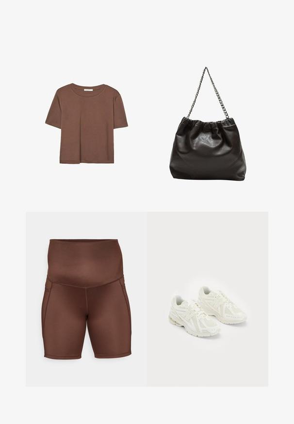 Maglietta a maniche corte marrone realizzata in tessuto morbido, con scollatura rotonda e vestibilità rilassata. Nessun motivo o dettaglio visibile.; Shorts sportivi marroni con vita alta, texture liscia e cuciture piatte. Il design presenta una forma aderente e una lunghezza fino al ginocchio.; Scarpe sportive bianche realizzate in materiali sintetici e in rete, con lacci, colletto imbottito e suola testurizzata per migliorare la grip. Costruzione leggera.; Borsa in pelle marrone con parte superiore arricciata e tracolla a catena. Texture liscia con finitura lucida e dettagli di cucitura sottili sui lati.