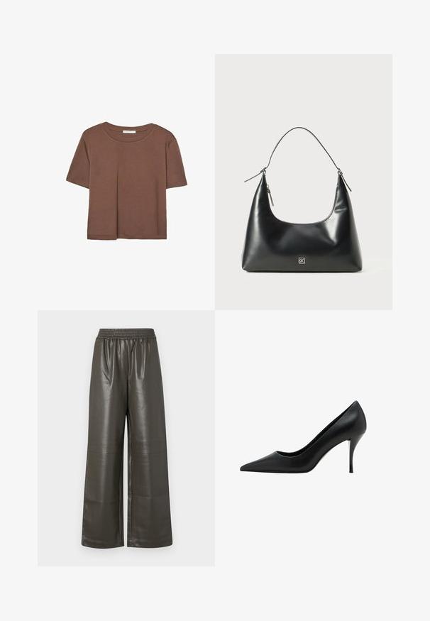 Brun kortærmet t-shirt lavet af blødt stof, med rund halsudskæring og afslappet pasform. Ingen synlige mønstre eller detaljer.; Bredde ben, mørke olivengrønne bukser i faux læder med en elastisk talje og midtersynsdetaljer, der har en glat, blank tekstur.; Sorte læder højhælede sko med spids tå, glat tekstur og en slank stiletthæl, som har et minimalistisk design.; Sorte glatte læder skuldertaske med en buet top, enkelt rem, lynlåslukning og lille sølv logoemblem i midten foran.