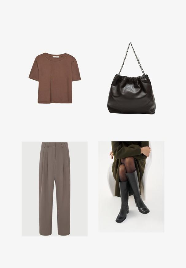 Braunes, kurzärmliges T-Shirt aus weichem Material mit rundem Halsausschnitt und lockerer Passform. Keine sichtbaren Muster oder Akzente.; Braune, plissierte Hose mit hoher Taille, glattem Stoff, weitem Bein-Design und Seitentaschen, mit einer sanften, leichten Textur.; Knöchelhöhe schwarze Lederstiefel mit quadrater Spitze und Blockabsatz, gezeigt mit einem Modell, das einen olivgrünen Mantel trägt. Glatte Textur, minimale Details.; Braune Lederhandtasche mit gerafftem Oberteil und Kettenriemen. Glatte Textur mit glänzendem Finish und subtilen Nahtdetails an den Seiten.