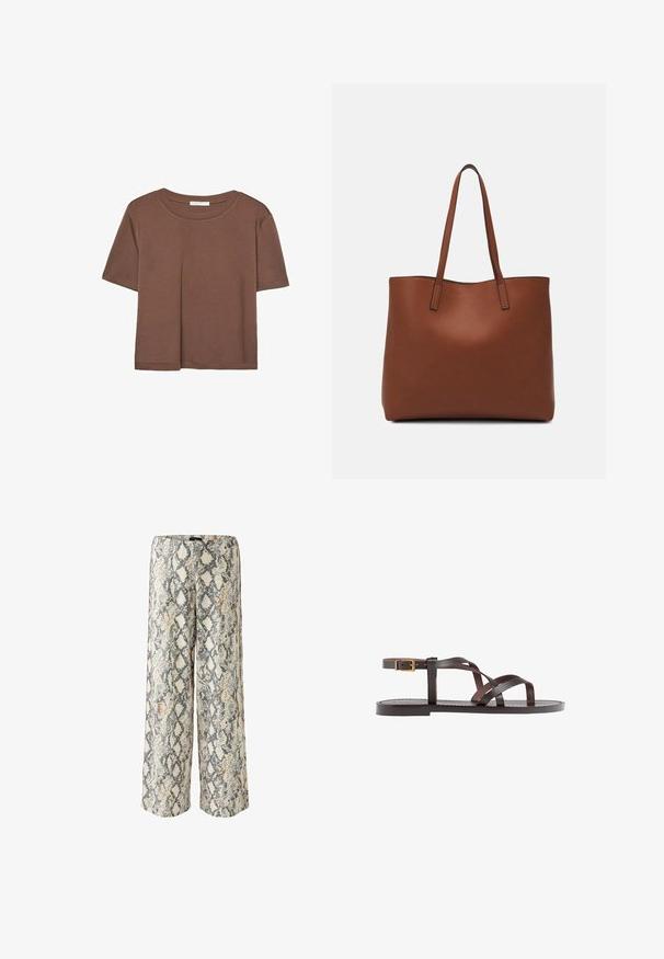 Braunes, kurzärmliges T-Shirt aus weichem Material mit rundem Halsausschnitt und lockerer Passform. Keine sichtbaren Muster oder Akzente.; Weite Hose im Schlangenprint mit einem hellbeigen Grundton, verziert mit Schwarz, Grau und dezenten orangefarbenen Akzenten, kombiniert mit seitlichen Details.; Braune Leder-Sandale mit überkreuzten Riemen, einem Knöchelriemen mit Schnalle und einer flachen Sohle mit minimalen Nähdetails.; Braune Leder-Tote mit glatter Textur, offenem Oberteil und zwei Schulterriemen. Verfügt über minimale Nähte und keine sichtbaren Beschläge.