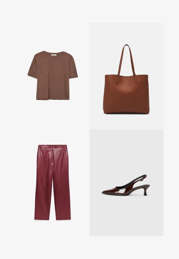 Maglietta a maniche corte marrone realizzata in tessuto morbido, con scollatura rotonda e vestibilità rilassata. Nessun motivo o dettaglio visibile.; Pantaloni a gamba larga in ecopelle bordeaux, con vita alta, chiusura frontale con bottone e superficie liscia e lucida. Senza tasche.; Scarpa slingback in pelle verniciata marrone con punta affusolata e tacco moderato. Presenta una fascia con fibbia per una calzata sicura. Tessuto liscio.; Borsa tote in pelle marrone con texture liscia, design con apertura superiore e due spallacci. Presenta cuciture minime e nessun hardware visibile.