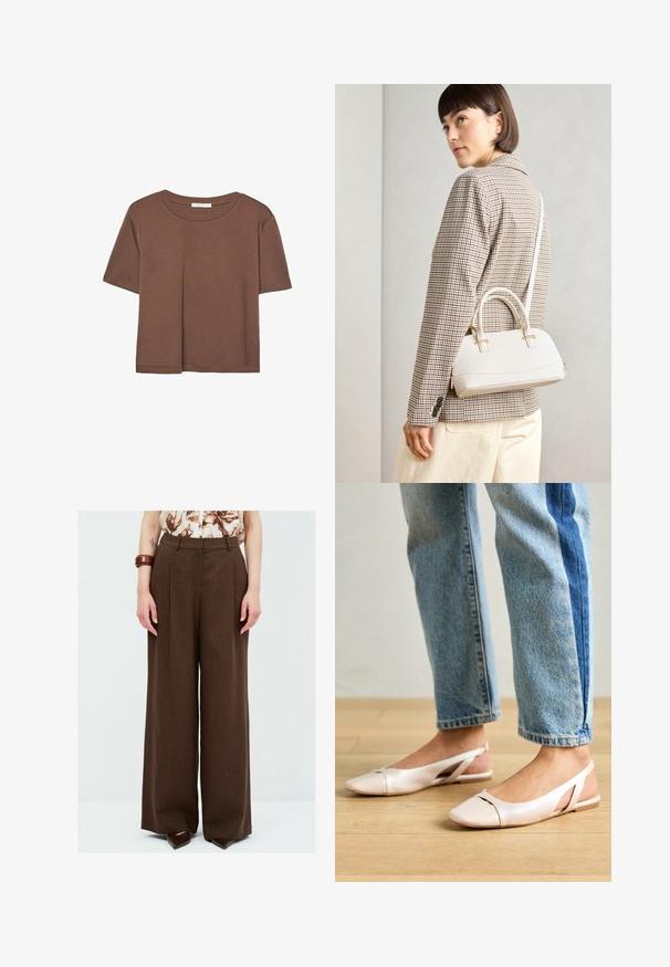 Kahvinsävyinen lyhythihainen t-paita, joka on valmistettu pehmeästä kankaasta. Pyöreä pääntie ja rento malli. Ei näkyviä kuvioita tai koristeita.; Ruske leve-hlače z teksturiranim zaključkom in sprednjimi gubami. Visok pas v kombinaciji z čevlji na koničastih prstih.; Vaaleanpunaiset slingback-ballerinat, joissa on terävä kärki, valmistettu sileästä nahkamaisesta materiaalista. Sivujen leikkuuyksityiskohdat ja tasapohja.; Valkoinen rakenteellinen käsilaukku, jossa on lyhyet kahvat ja olkahihna, varustettu kultaisilla metalliosilla ja tekstuurilla, esillä harmaata taustaa vasten.