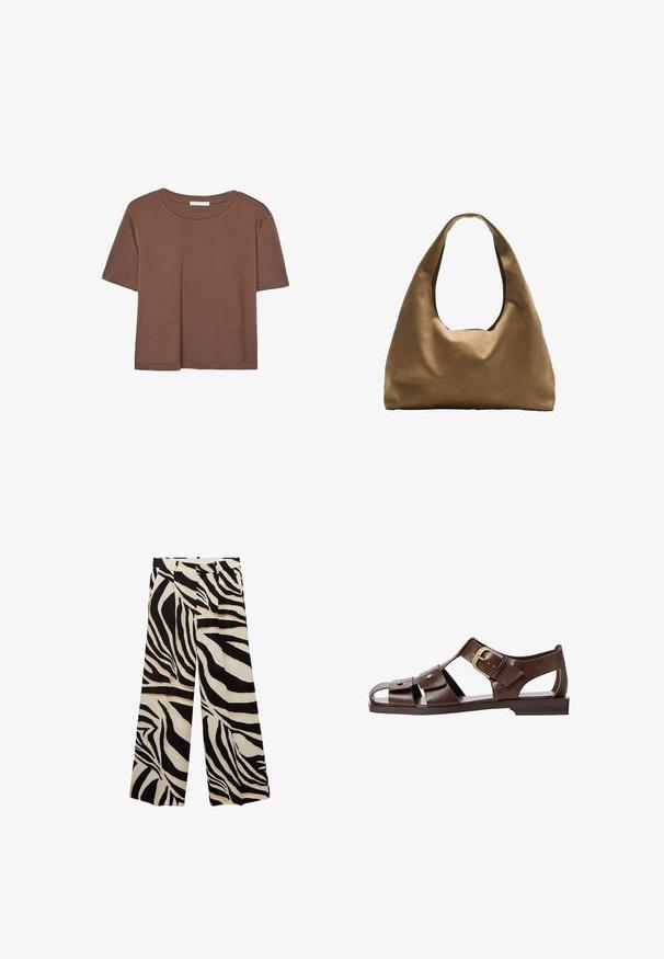 Brun kortærmet t-shirt lavet af blødt stof, med rund halsudskæring og afslappet pasform. Ingen synlige mønstre eller detaljer.; Bredde bukser med zebraprint i sort og hvid, med folder, der har en glat tekstur og høj talje for komfort.; Brun lædersandal med udskæringsdesign, justerbar sidebuckle og flad sål, med metalaccentuer og åben tå.; Brun stof skuldertaske med en bred, rundet krop og et stort udsnit håndtag. Blød tekstur, minimalistisk design og ingen synlig hardware.