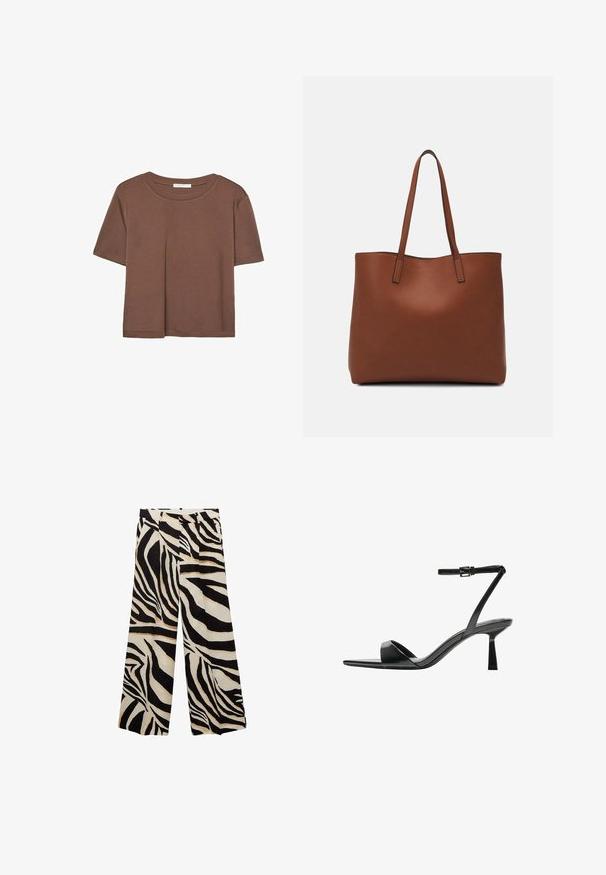 Hnědé tričko s krátkým rukávem vyrobené z měkké látky, s kulatým výstřihem a volným střihem. Bez viditelných vzorů nebo dekorací.; Párové kalhoty s potiskem zebry v černobílé barvě, širokého střihu s sklady, nabízející hladký materiál a vysoký pas pro pohodlí.; Bershka Sandály na vysokém podpatku - black; Hnědá kožená taška přes rameno s hladkou texturou, otevřeným designem a dvěma ramenními popruhy. Obsahuje minimální švy a žádné viditelné kovové prvky.