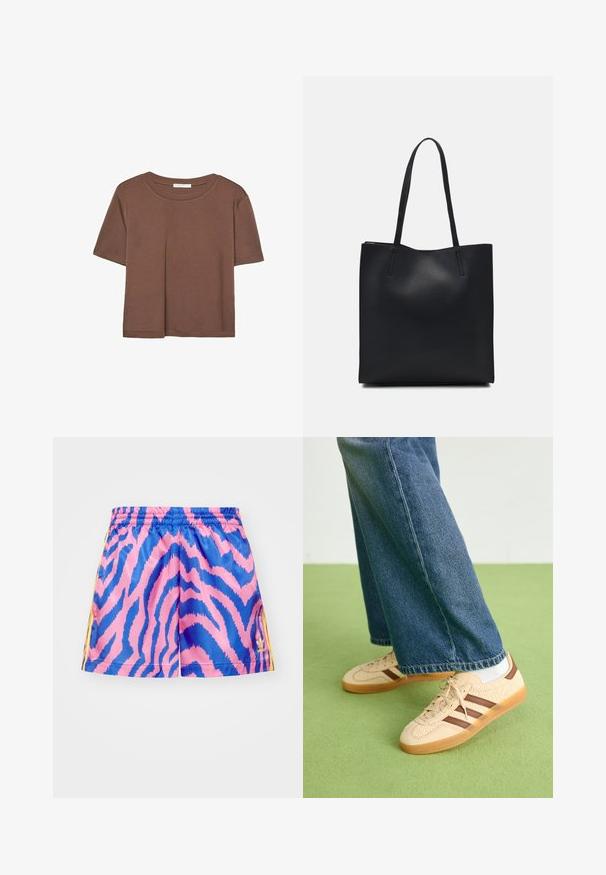 Brun kortärmad t-shirt i mjukt tyg, med rund halsringning och avslappnad passform. Inga synliga mönster eller detaljer.; adidas Originals ADIDAS FARM RIO FIREBIRD - Träningsbyxor - true pink; Beiga sneakers med strukturerade krämfärgade paneler och bruna ränder, i kombination med blå denimjeans. Jeansarna har vida ben och fransad fåll.; Svart lädertoffelväska med slät textur, rektangulär form och två långa handtag. Ingen synlig hårdvara eller dekorationer.