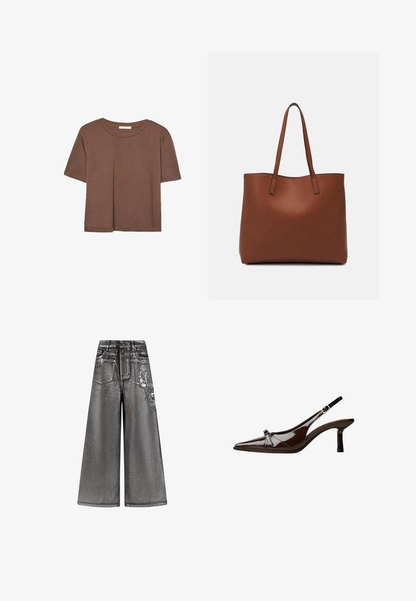 Braunes, kurzärmliges T-Shirt aus weichem Material mit rundem Halsausschnitt und lockerer Passform. Keine sichtbaren Muster oder Akzente.; Graue, weit geschnittene Denim-Hosen mit glänzender Textur, Fronttaschen und einem dekorativen Schmetterling-Graphic an der Seite. Abgenutzte Details sind vorhanden.; Braune Lackleder-Slingback-Schuhe mit spitzem Zehenbereich, niedrigem Absatz und einer dekorativen Schleifenakzent an der Vorderseite. Glatte, glänzende Textur.; Braune Leder-Tote mit glatter Textur, offenem Oberteil und zwei Schulterriemen. Verfügt über minimale Nähte und keine sichtbaren Beschläge.