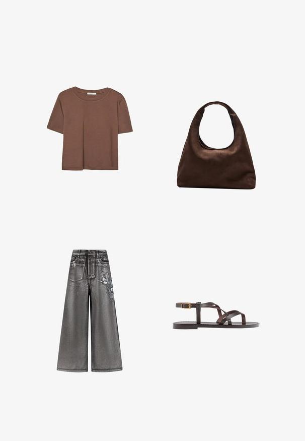 Hnědé tričko s krátkým rukávem vyrobené z měkké látky, s kulatým výstřihem a volným střihem. Bez viditelných vzorů nebo dekorací.; Šedé denimové kalhoty s širokými nohavicemi, které mají lesklou texturu, přední kapsy a dekorativní grafiku motýla na boku. Přítomné jsou i distressed detaily.; Hnědé kožené sandály s kříženými pásky, uzavřením na přezku u kotníku a plochou podrážkou s minimem švů.; Měkká hnědá kabelka ve stylu hobo s jedním širokým popruhem a zakřiveným horním otvorem, vystavená na bílém pozadí.
