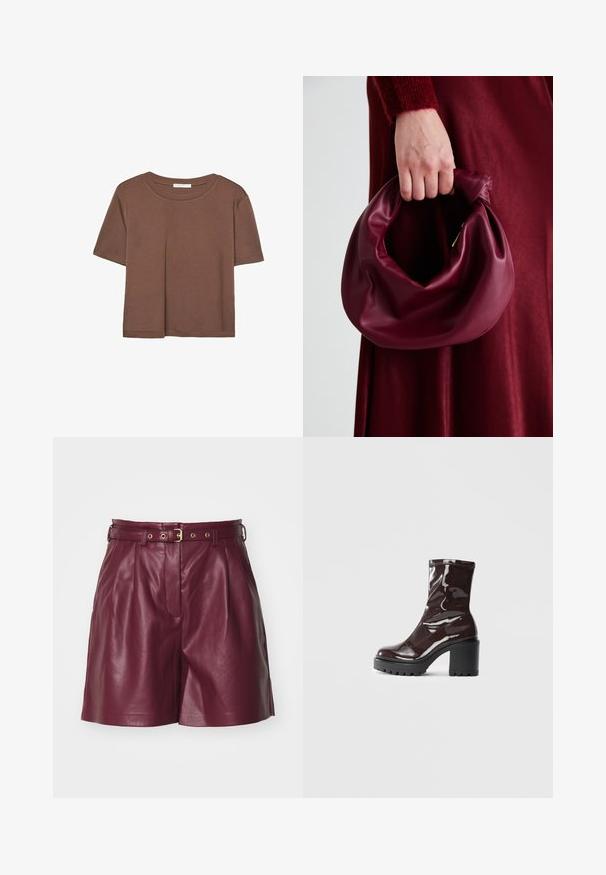 Kahvinsävyinen lyhythihainen t-paita, joka on valmistettu pehmeästä kankaasta. Pyöreä pääntie ja rento malli. Ei näkyviä kuvioita tai koristeita.; ONLY ONLHEIDI - Shortsit - burgundy; Satea bordeaux berwarna mengkilap dengan tumit hitam tebal, menampilkan tekstur halus dan desain sederhana. Tanpa pengikat atau pola yang terlihat.; Burgundy-nahkakäsilaukku, jossa on pehmeä, ryppyinen muotoilu ja pyöreä muoto. Kahva on kiinnitetty tukevasti, ja siinä on sileä pinta.