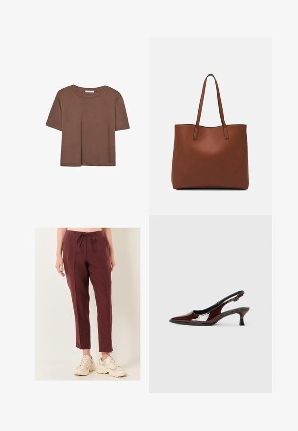Brązowa koszulka z krótkim rękawem, wykonana z miękkiego materiału, z okrągłym dekoltem i luźnym krojem. Brak widocznych wzorów lub akcentów.; Bordowe lniane spodnie z elastycznym pasem, proste nogawki i subtelna struktura, zestawione z beżowymi masywnymi sneakersami.; Brązowe lakierowane skórzane buty na obcasie typu slingback z ostrym noskiem i umiarkowanym obcasem. Posiadają pasek z klamrą dla zapewnienia stabilnego dopasowania. Gładka tekstura.; Brązowa skórzana torba tote o gładkiej fakturze, z otwartym wierzchem i dwoma ramiączkami. Charakteryzuje się minimalnym przeszyciem i brakiem widocznych elementów metalowych.