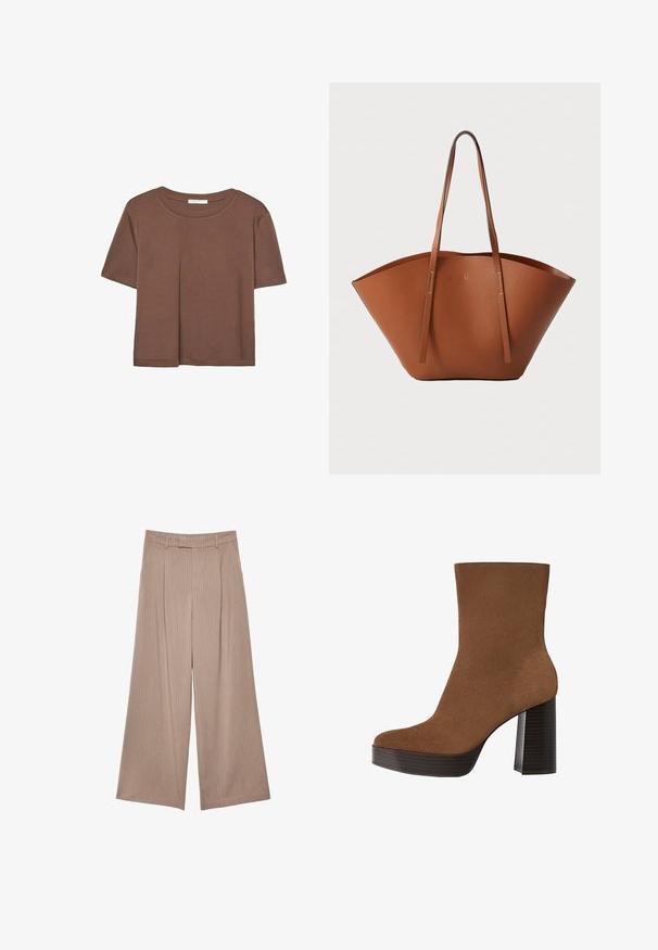 Brun kortærmet t-shirt lavet af blødt stof, med rund halsudskæring og afslappet pasform. Ingen synlige mønstre eller detaljer.; Beige brede bukser med lodrette striber, høj talje og en glat tekstur med skræddersyet design og ren finish.; Brune ruskind ankelstøvle med en rund tå, kraftig sort stribet hæl og en glat overflade. Den har et tætsiddende design uden synligt hardware.; Brun læder tote-taske med en bred, struktureret form, tynde håndtag og en tekstureret overflade. Har et minimalistisk design uden synligt hardware.
