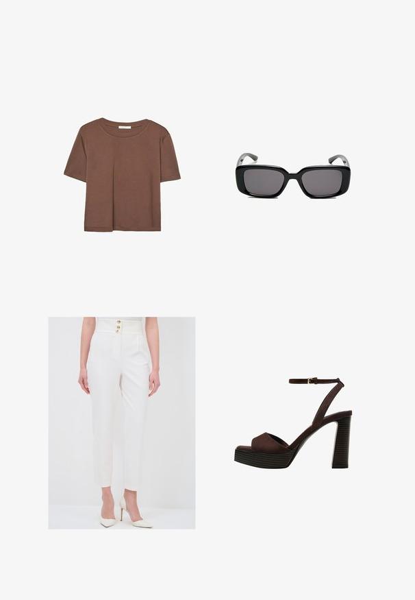 Brun kortærmet t-shirt lavet af blødt stof, med rund halsudskæring og afslappet pasform. Ingen synlige mønstre eller detaljer.; adL Bukser - white; Brune ruskinds højhælede sandal med åben tå, justerbar ankelrem og en stribet plade sål.; Sorte rektangulære solbriller med mørke linser, glat plastikramme og buede stænger. Designet er klodset med en minimalistisk æstetik.